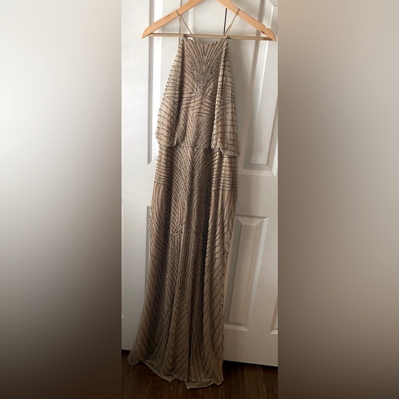 🆕 ADRIANNA PAPELL Taupe Art Deco Beaded Halter Blouson MOB